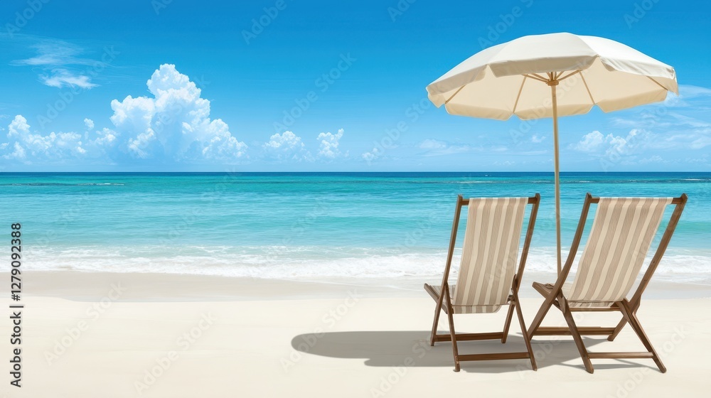 Two chairs and a colorful umbrella are set up on a sandy beach, creating a relaxing outdoor space for enjoying the sun and sea. Two chairs and a colorful umbrella are set up on a sandy beach, creating a relaxing outdoor space for enjoying the sun and sea.