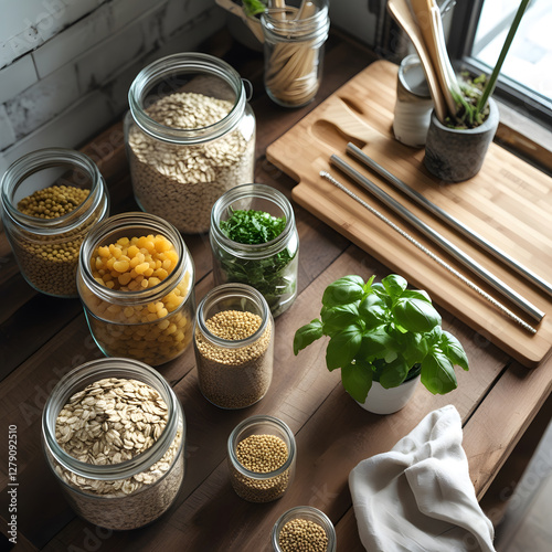 The soft, bright natural lighting highlights the textures of wood, glass, and fabric, creating a warm and inviting visual. This image perfectly represents an eco-friendly lifestyle, 