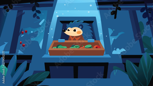 A cute hedgehog wearing a tiny hat operates a whimsical cash register in a forest-themed gift shop, surrounded by woodland flora.