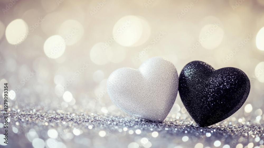 Fototapeta premium Silver and Black Glittering Hearts on Sparkling Background