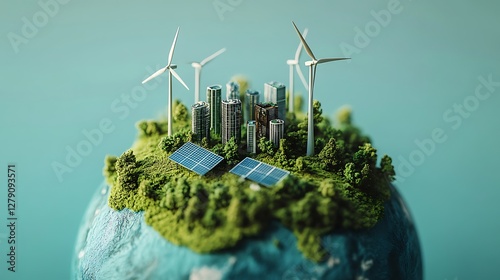 Sustainable City on a Miniature Planet, A miniature planet with a cityscape surrounded by lush greenery, solar panels, and wind turbines, symbolizing sustainable urban development and renewable energy