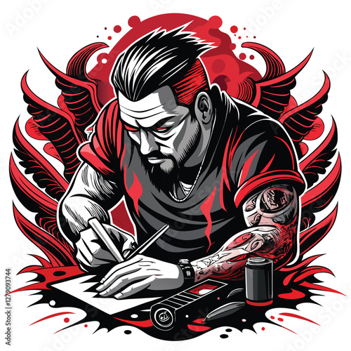 A close-up shot of a tattoo artist meticulously sketching a complex tattoo design, eyes intensely focused, showcasing their skill and dedication.