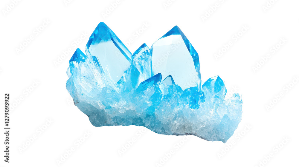 Fototapeta premium Vibrant blue crystal cluster, translucent facets shimmering light, ideal for decorative use or crafting projects, stylish background. Isolated on white background or PNG