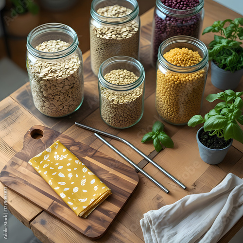 The soft, bright natural lighting highlights the textures of wood, glass, and fabric, creating a warm and inviting visual. This image perfectly represents an eco-friendly lifestyle, 