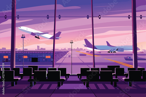 A busy airport scene showcasing numerous airplanes taking off and landing simultaneously, emphasizing the advanced AI-powered air traffic control system.