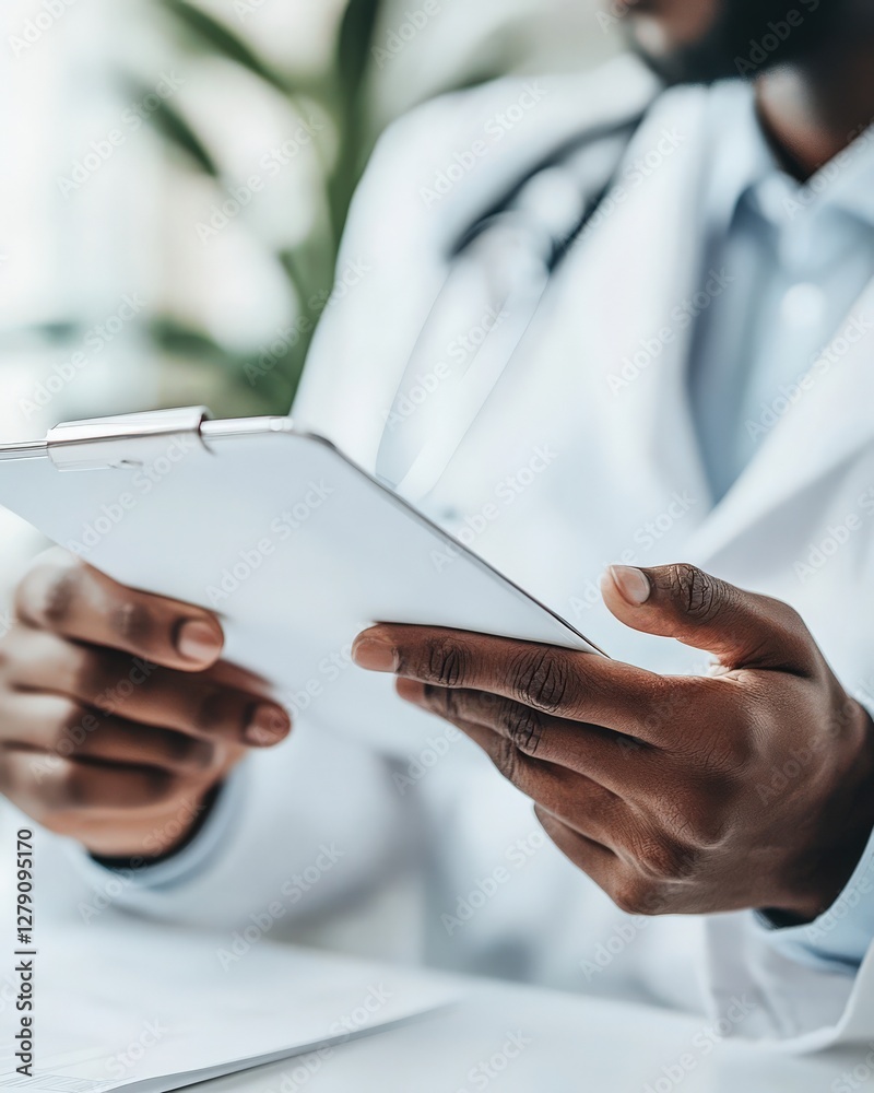 Close-up of a doctor's hands reviewing patient information on a clipboard, showcasing professionalism and healthcare. Close-up of a doctor's hands reviewing patient information on a clipboard, showcasing professionalism and healthcare.