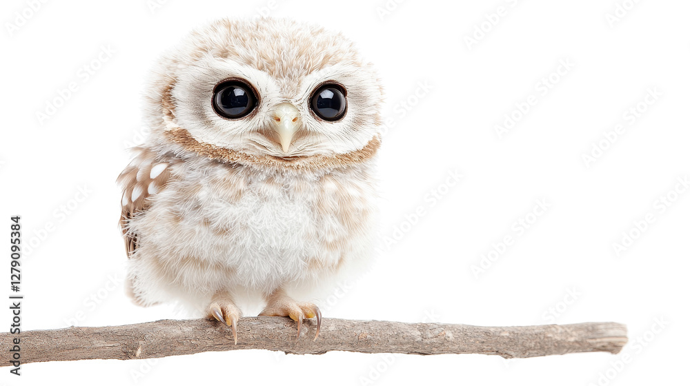 Fototapeta premium Cute owl perched on a branch, small round body with big eyes, natural habitat, ideal for nature themes and wildlife illustrations. Isolated on white background or PNG