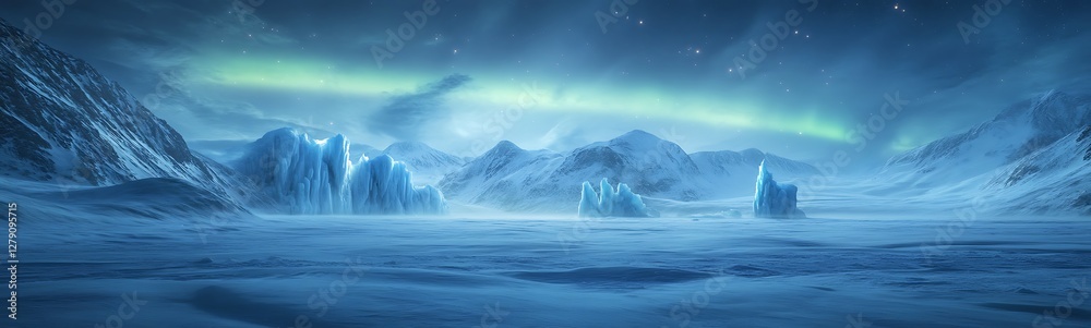 Naklejka premium Stunning image of a frozen Arctic tundra with dramatic ice formations highlighted against a clear blue sky.