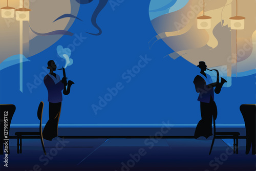 A dimly lit jazz club scene; vintage saxophones, muted trumpet, scattered sheet music, smoky atmosphere, low lighting, jazz musicians implied.