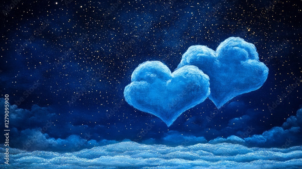 Fototapeta premium Two Heart-Shaped Clouds in a Starry Night Sky