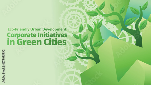 Eco Friendly Urban Development: Corporate Initiatives in Green Cities concept. abstract polygonal with green plant and gears for go green concept. template vector illustration 
