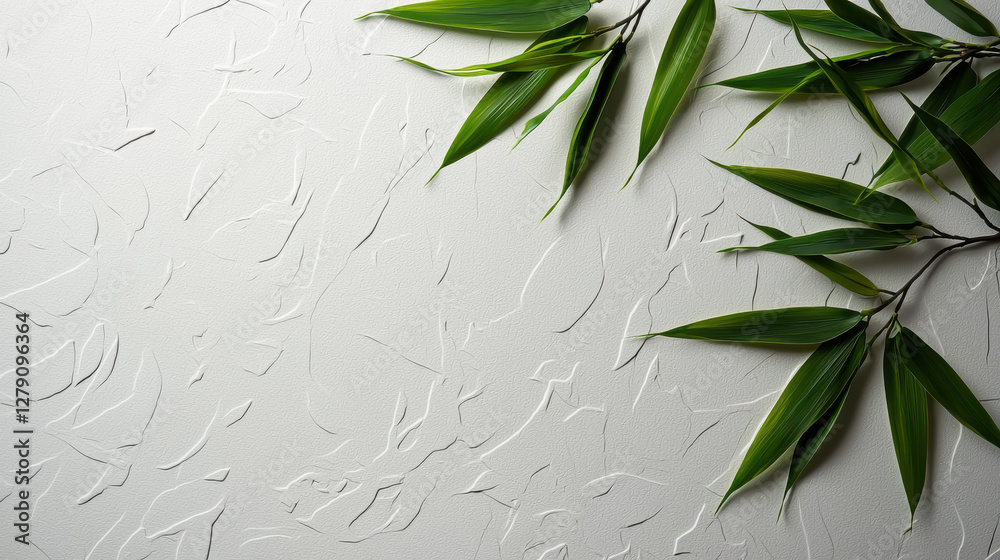 Naklejka premium Fresh bamboo leaves on textured white background