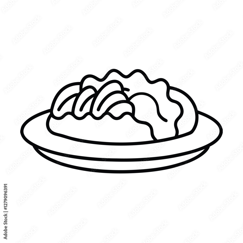 Simple Line Drawing of a Delicious Food Dish on Plate Simple Line Drawing of a Delicious Food Dish on Plate