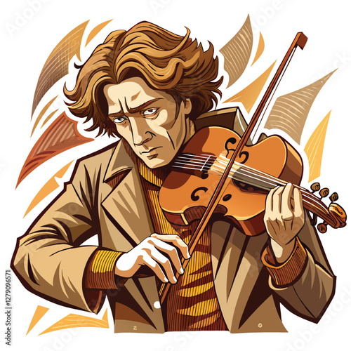 A deeply engrossed violinist, detailed fingers elegantly positioned on the instrument, lost in the emotion and beauty of the music.  Eyes closed, focused expression.