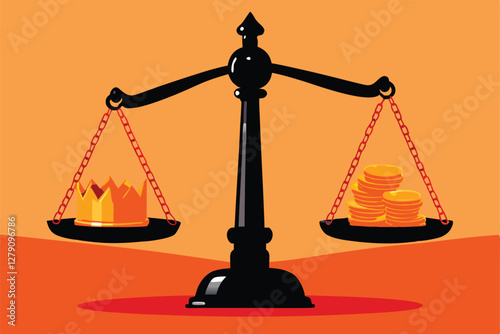 A meticulously rendered image of a justice scale, perfectly balanced; one side holds a gleaming gold crown, the other, a single, stylized 'S' representing societal concerns.
