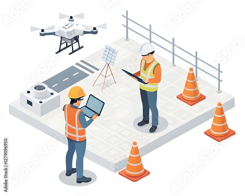 Isometric 3D Construction Workers with Drone Inspection – Technology in Construction