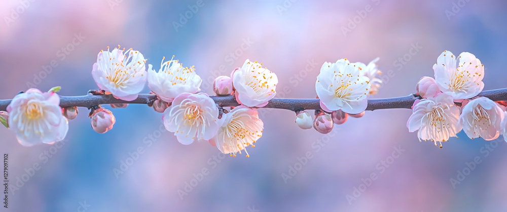 White plum blossoms blooming on the branch, against a blue sky background