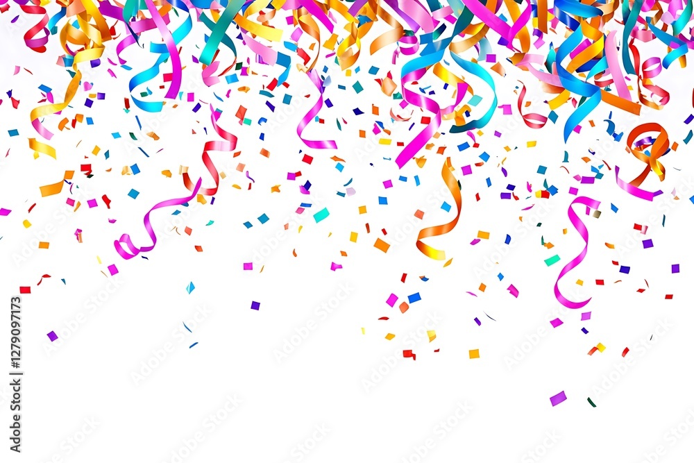 Fototapeta premium Colorful Confetti and Ribbons Falling on White Background