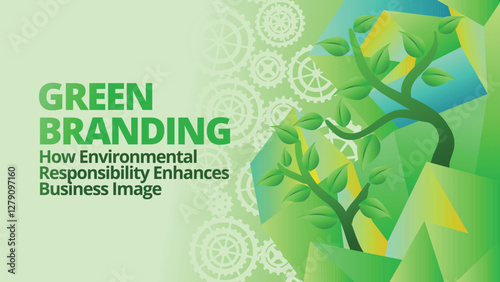Green Branding: How Environmental Responsibility Enhances Business Image concept. abstract polygonal with green plant and gears for go green concept. template vector illustration 