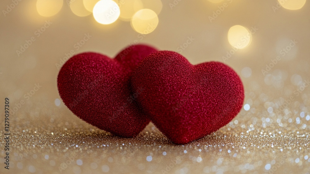 Obraz premium Two Red Glitter Hearts on Gold Glitter Background