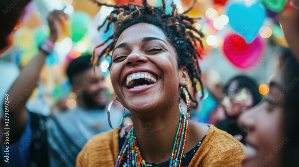 A person with a wide smile, surrounded by friends at a celebration, showing ecstatic happiness. A person with a wide smile, surrounded by friends at a celebration, showing ecstatic happiness.