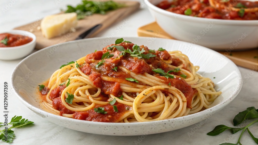 Delicious Spaghetti with Rich Tomato Sauce and Fresh Herbs on a Plate Ready to Enjoy at Dinner Delicious Spaghetti with Rich Tomato Sauce and Fresh Herbs on a Plate Ready to Enjoy at Dinner