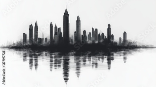 Fototapeta Naklejka Na Ścianę i Meble -  Black and white silhouette of a city skyline reflecting on water with a misty background