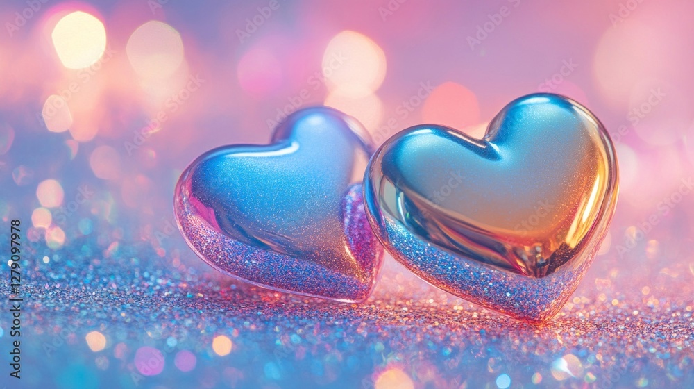 Fototapeta premium Two Shiny Hearts on Glittering Surface