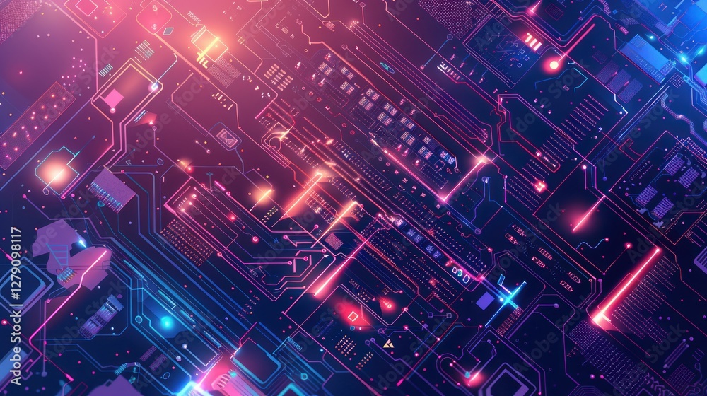 Futuristic Circuit Board Glowing, Data Streams, Abstract Background, Tech Design Futuristic Circuit Board Glowing, Data Streams, Abstract Background, Tech Design