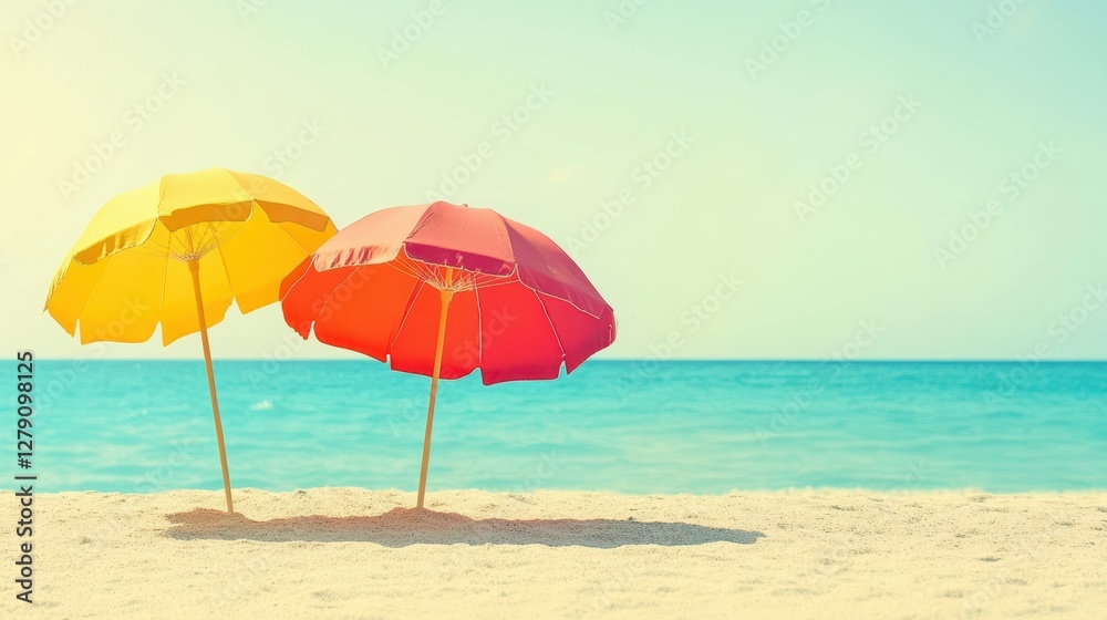 Two colorful umbrellas rest on a sandy beach, overlooking the gentle waves of the ocean under a clear blue sky. Two colorful umbrellas rest on a sandy beach, overlooking the gentle waves of the ocean under a clear blue sky.