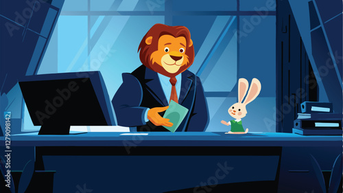 A majestic lion, impeccably dressed in a suit, sits behind a large mahogany desk in a bank, handing a savings passbook to a surprised client.