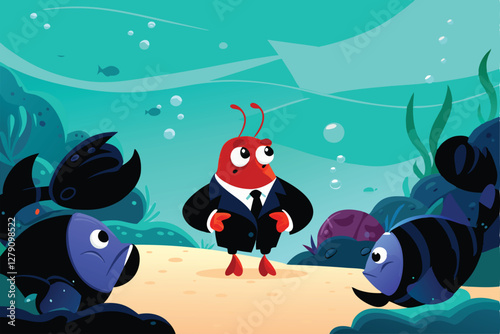 A dapper lobster in a tailored suit conducts a serious business meeting, seated at a mahogany table.  He addresses attentive crustacean colleagues.