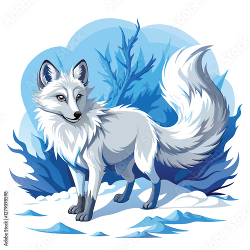 A pristine white Arctic fox gracefully trotting across a frost-covered landscape, its fur gleaming under the pale arctic sun.