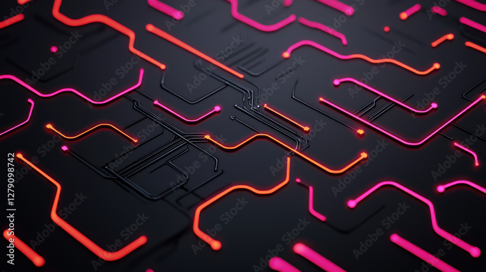 Glowing neon circuits in seamless pattern on dark background Glowing neon circuits in seamless pattern on dark background