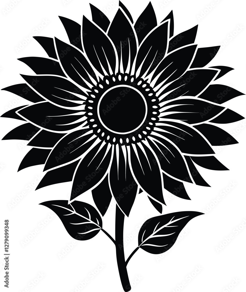 Sunflower silhouette vector illustration, perfect for floral designs, nature art, botanical decor, vintage prints, minimal tattoos, farm logos, and rustic elements.