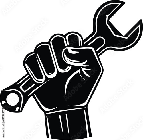 Labor Day hand holding wrench silhouette vector illustration for worker rights, mechanic tools, repair service, industry, engineering, construction, and maintenance.