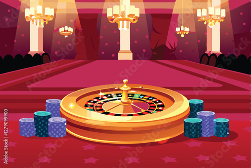 Render a photorealistic image of a lavish casino interior, featuring a gleaming golden roulette wheel as the focal point, surrounded by plush furnishings and subtle lighting.