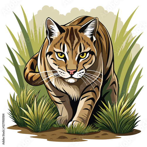 A stealthy wildcat, crouched low in tall green grass, intently stalks unseen prey.  Its muscles are tensed, ready to pounce.