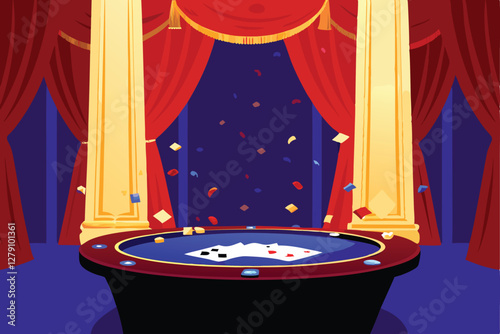 A lavish poker game in progress; rich red and gold décor, ornate table, expensive chips,  subtle lighting.