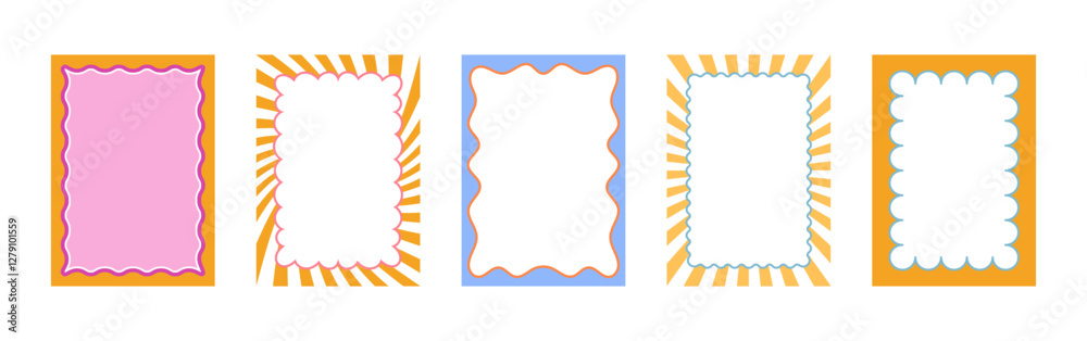 Set of Retro FRAMES WITH DOODLE orange, RED, PINK, blue curvy squiggly wavy. Wave scalloped edge frame. Cute curved frame box. Trendy vector template for greeting card, poster, invitation, poster	