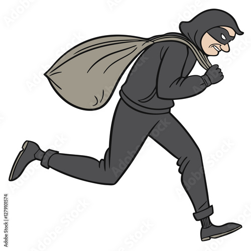 A thief dashes through a dimly lit street, wearing a black mask and dark clothing. He carries a large bag, suggesting a recent theft. The time appears to be late evening