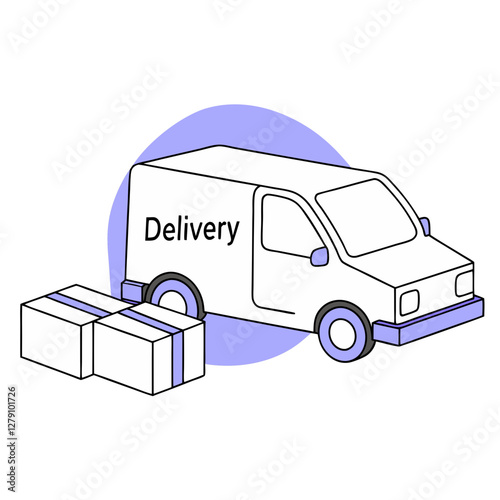 A delivery car is parked next to two packages, showcasing a clean and simple design. The vehicle displays the word Delivery, indicating its purpose for transporting goods