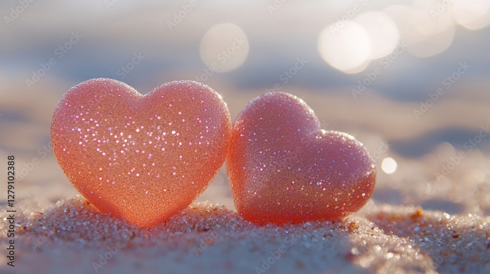 Fototapeta premium Two Glittering Pink Hearts on Sandy Beach at Sunset