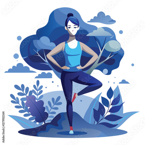 A serene yoga practitioner balances flawlessly in a Tree Pose, shaded by lush foliage, embodying tranquility and strength.