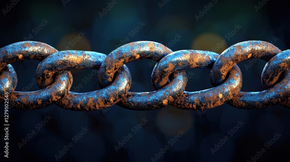 Fototapeta premium Close-Up View of Weathered Metal Chain Links with Rusty Texture Against a Blurred Background