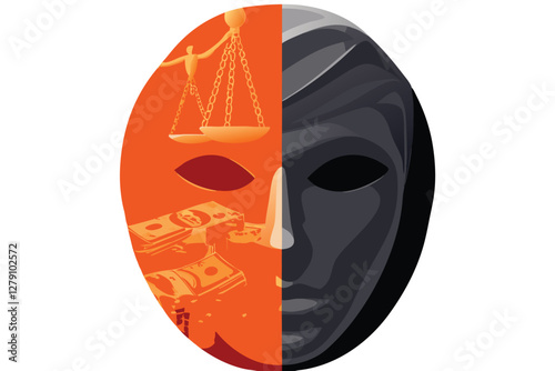 A fractured mask of justice, symbolizing duality, reveals a hidden 'M' beneath.  The split reveals contrasting textures and colors, hinting at moral conflict.