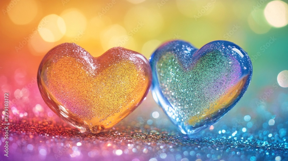 Obraz premium Two sparkling glass hearts on glitter background