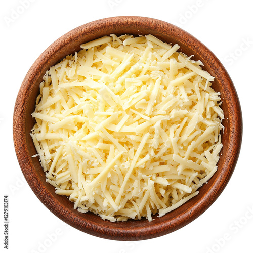 Shredded Mozzarella Cheese in Wooden Bowl Italian Cheddar Pizza Topping and Dairy Food Macro