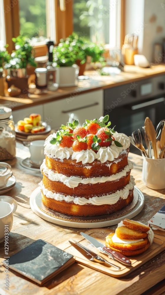 Delightful cake presentation in a cozy kitchen with vintage cookbooks and utensils close-up view natural light culinary concept Delightful cake presentation in a cozy kitchen with vintage cookbooks and utensils close-up view natural light culinary concept
