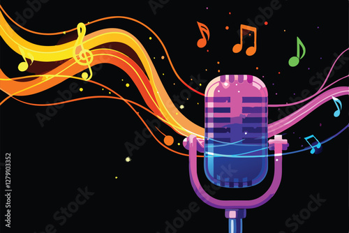 A central microphone engulfed in vibrant, swirling neon music notes; abstract, dynamic, futuristic design.  Notably, avoid realistic note depiction.